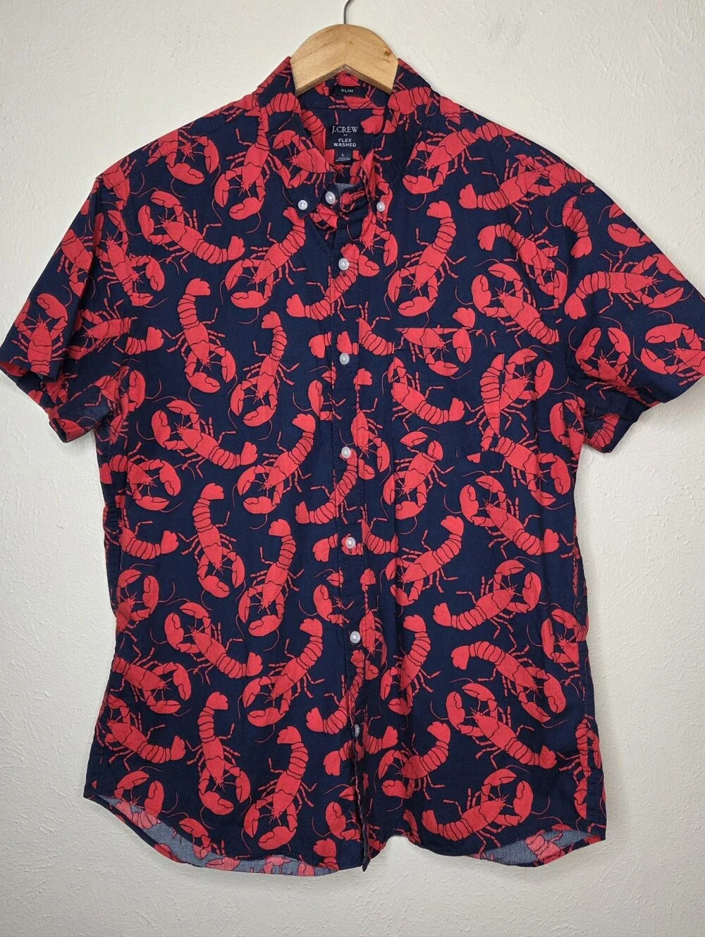 J.Crew Flex Washed Slim Lobster Print Shirt Men’s L Navy   Red Nautical Preppy